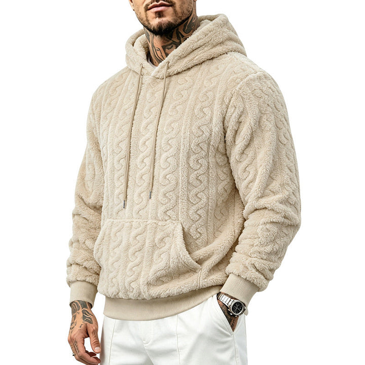 Herr Teddy Fleece Pullover med Cable Mönster, Huva och Känguruficka