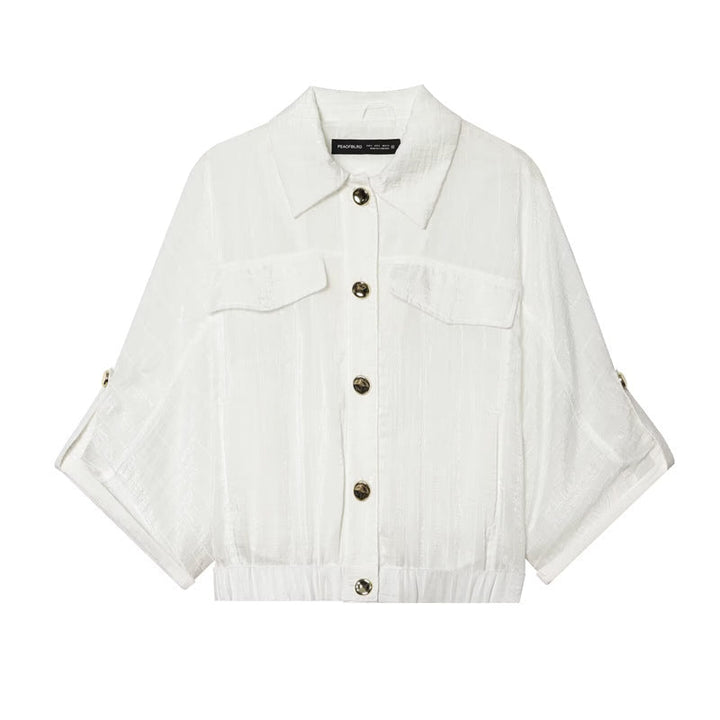 Dam Boxig Overshirt Jacka Midja Kort med 3/4 Ärmar och Guld Knappar