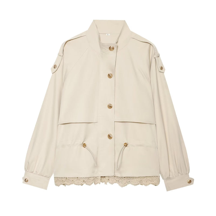 Dam 50+ Tailored Utility Blouson Jacka med Stå Krage, Drawstring Fickor och Lace Kant