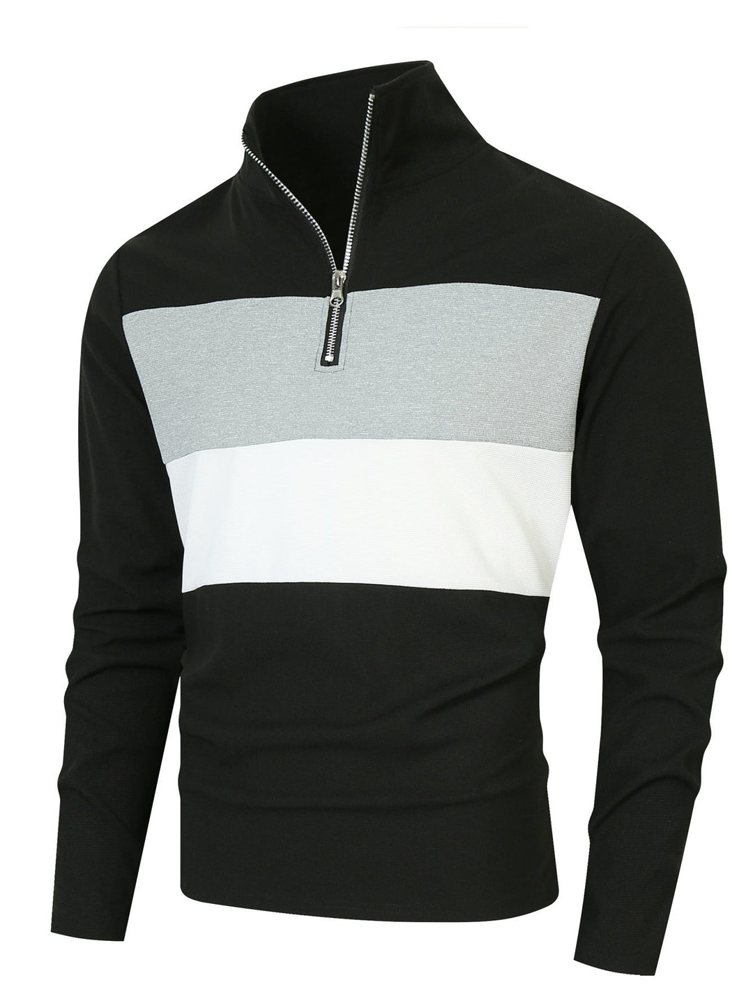 Herr Halv Dragkedja Pullover med Ståkrage, Bred Block Rand, och Finely Ribbad Texture