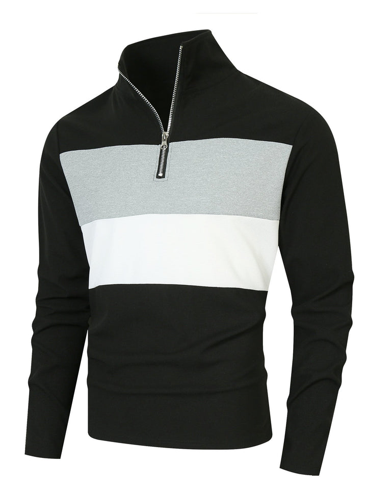 Herr Halv Dragkedja Pullover med Ståkrage, Bred Block Rand, och Finely Ribbad Texture