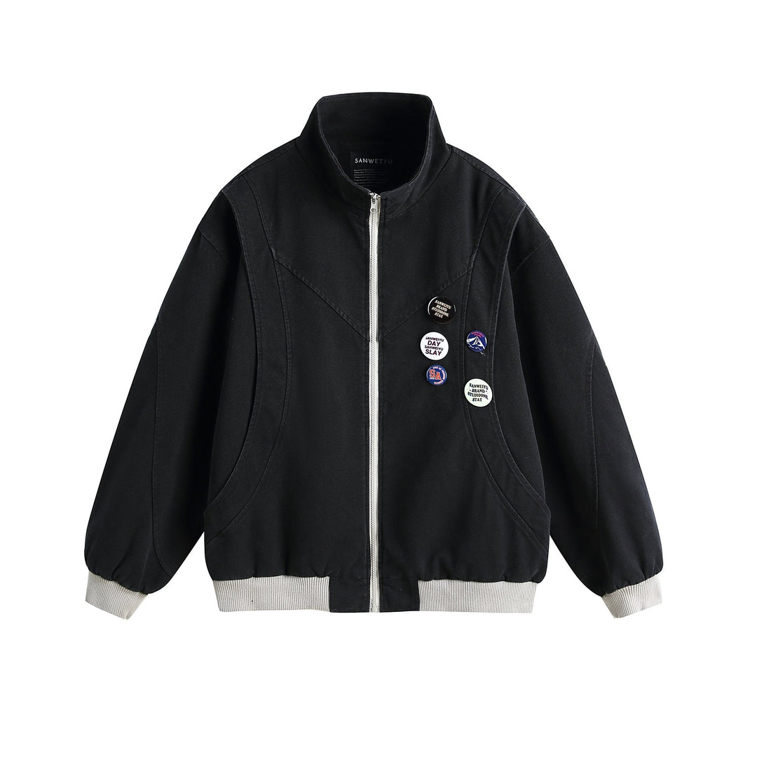 Dam Kort Blouson med Ståkrage, Ribbstickade Muddar och Lapel Pins
