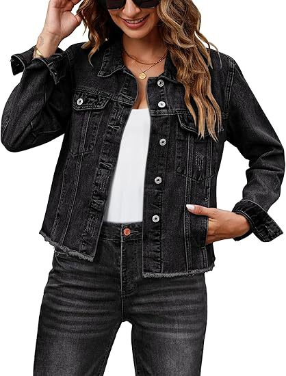 Dam kort skuren denimjacka med fringe fåll och patch breast fickor