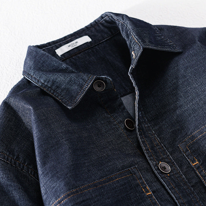 Herr Strukturerad Denim Twill Överskjortejacka med Large Utanpåfickor