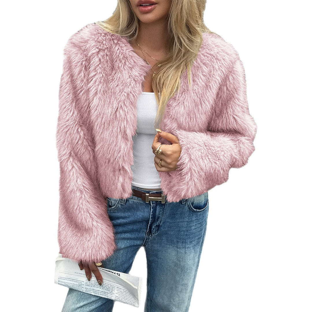 Dam kort faux-pälsjacka med voluminous ärmar, open skärning och mysig innerfoder