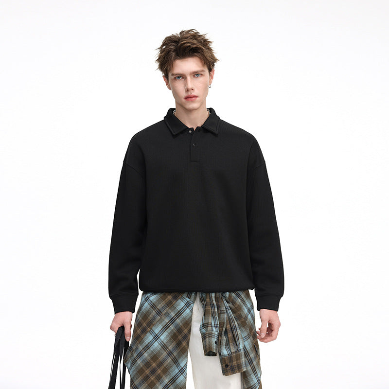 Herr Oversized Waffle Structure Polo Tröja med Halv Knapplist och Ribbstickade Muddar