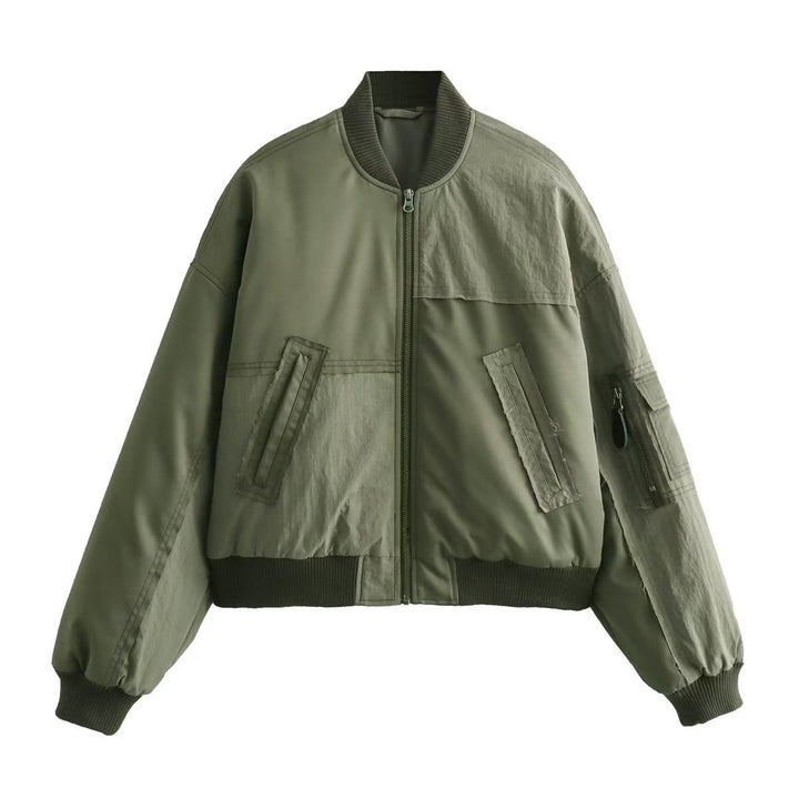 Dam kort-skärning utility bomber med patch detaljer, praktisk bröstfickor och ärm dragkedja