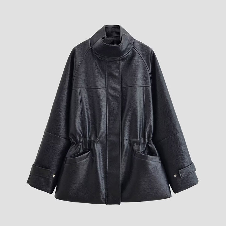 Dam Oversized Jacka i Läder Look med Ståkrage och Midjedragsko