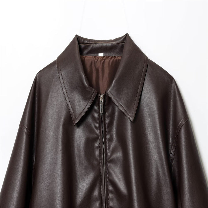 Dam kort skuren oversize blouse jacka gjord vegan läder med skjortkrage och elastic fåll