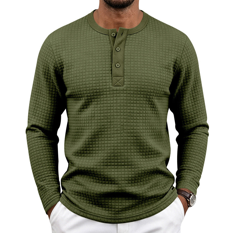 Herr Strukturerad Waffle Termisk Skjorta med Henley Knapplist och Rounded Fåll