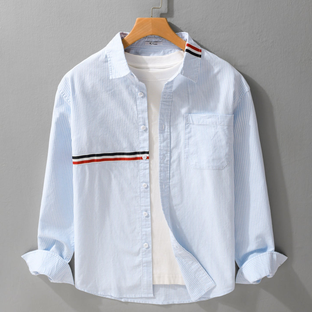 Herr Randig Overshirt Tillverkad av Bomullsblandning med Bröstficka och Sportig Kontrast Tape