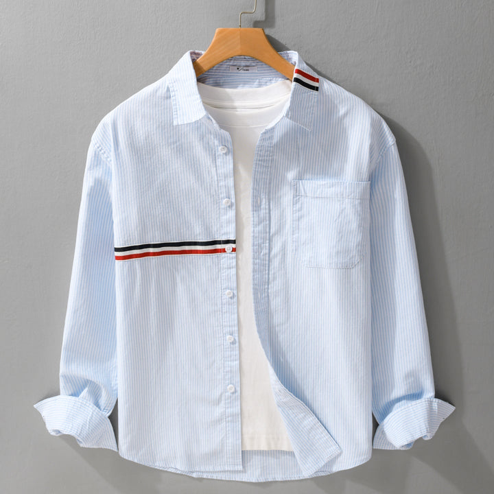 Herr Randig Overshirt Tillverkad av Bomullsblandning med Bröstficka och Sportig Kontrast Tape