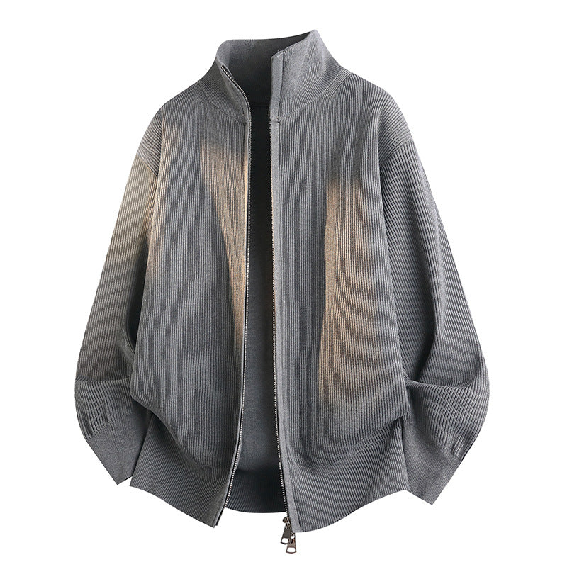 Unisex Oversize Stickad Dragkedja Jacka med Stå Krage, Ribbed Texture &amp; Two-Way Dragkedja