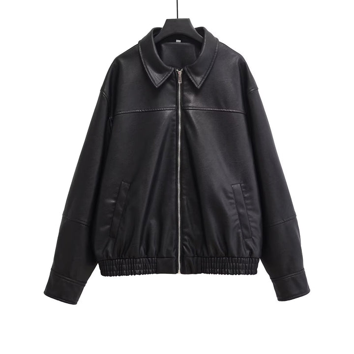 Dam oversize konstläder jacka med skjortkrage, hel Zip och Elastic fåll