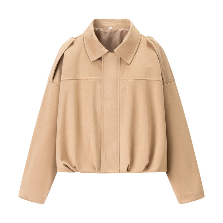 Dam cropped boxy blouse jacka med skjortkrage, concealed front placket, och elastisk fåll