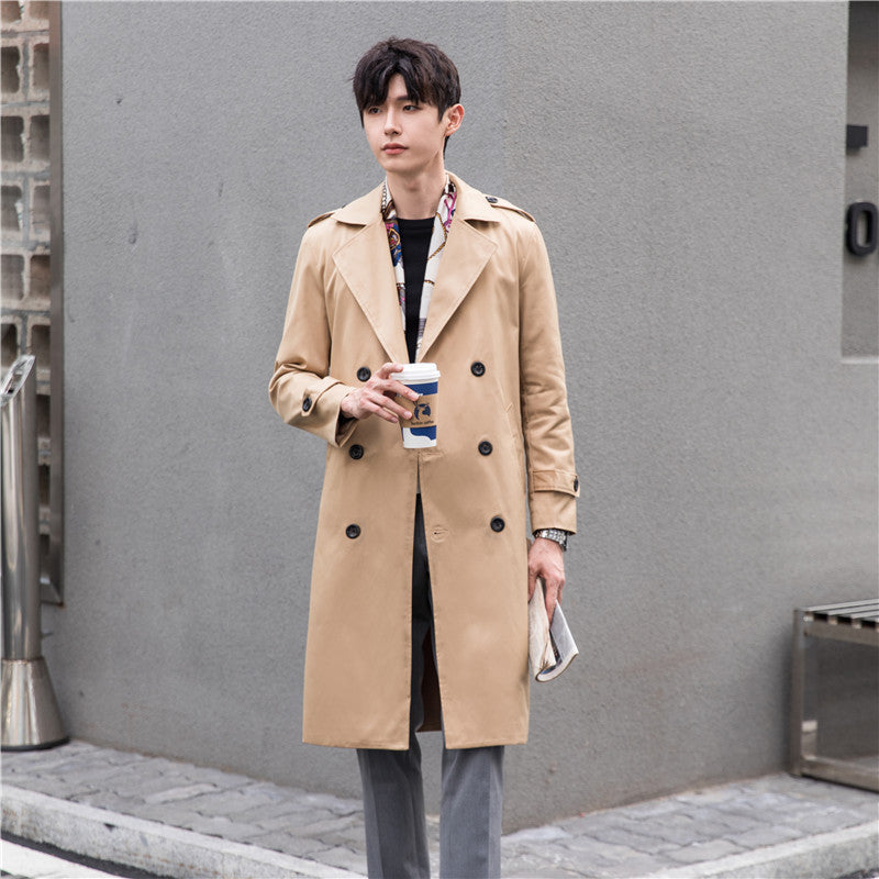 Herr Elegant Knälång Trench Kappa Tillverkad av Lätt Funktionell Tyg med Midja Bälte