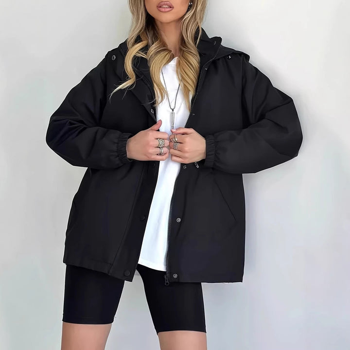 Dam vattenavvisande kort Parka med huva, dragsko och Snap knappslå
