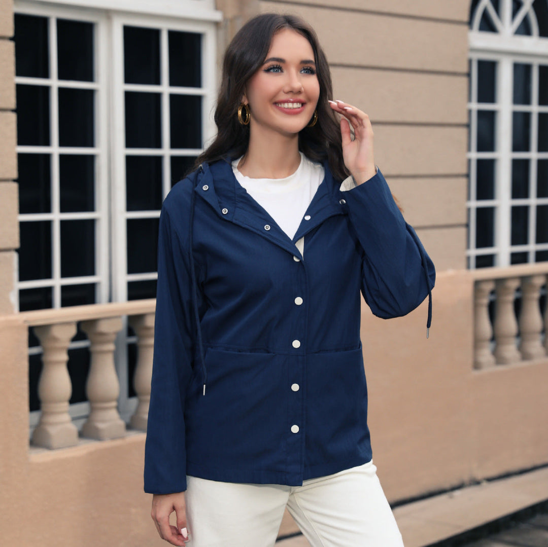 Dam vattenavvisande Hooded jacka med Snap Front, Drawstring och fickor