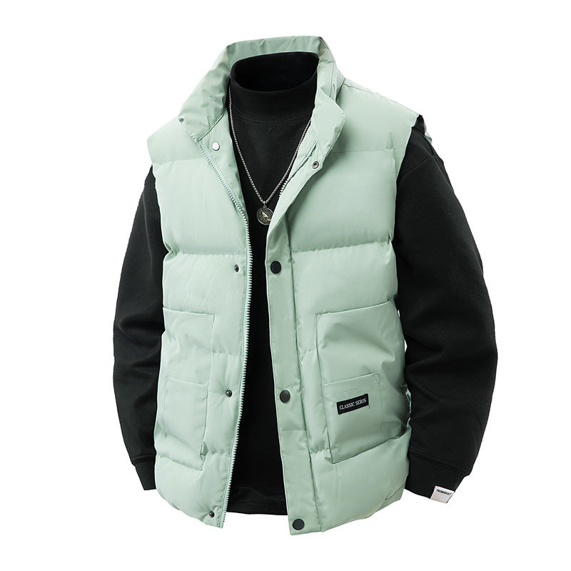 Herr termo quiltad väst med hög krage trim, tryckknapp front &amp; mounted funktion fickor
