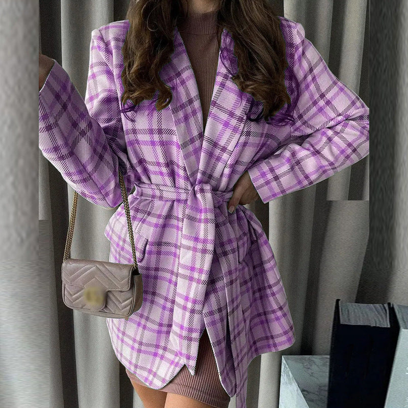 Dam oversized rutig kappa blazer med midjebälte och påsydda fickor