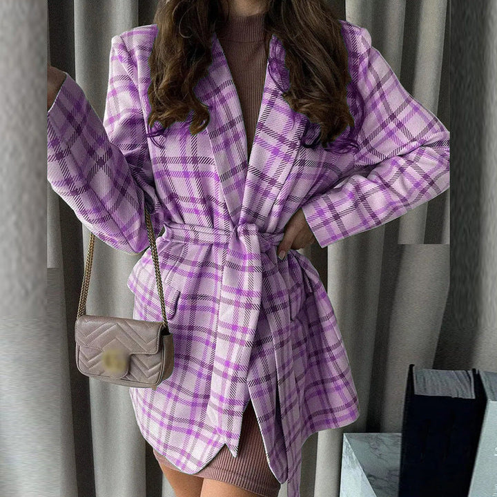 Dam oversized rutig kappa blazer med midjebälte och påsydda fickor