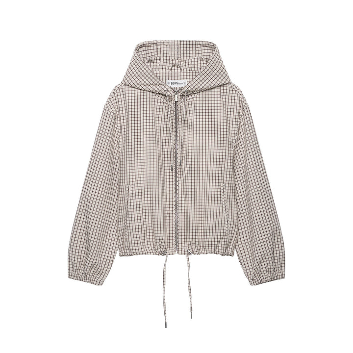 Dam Rutig Kort Jacka med Huva, Drawstring och Dragkedja