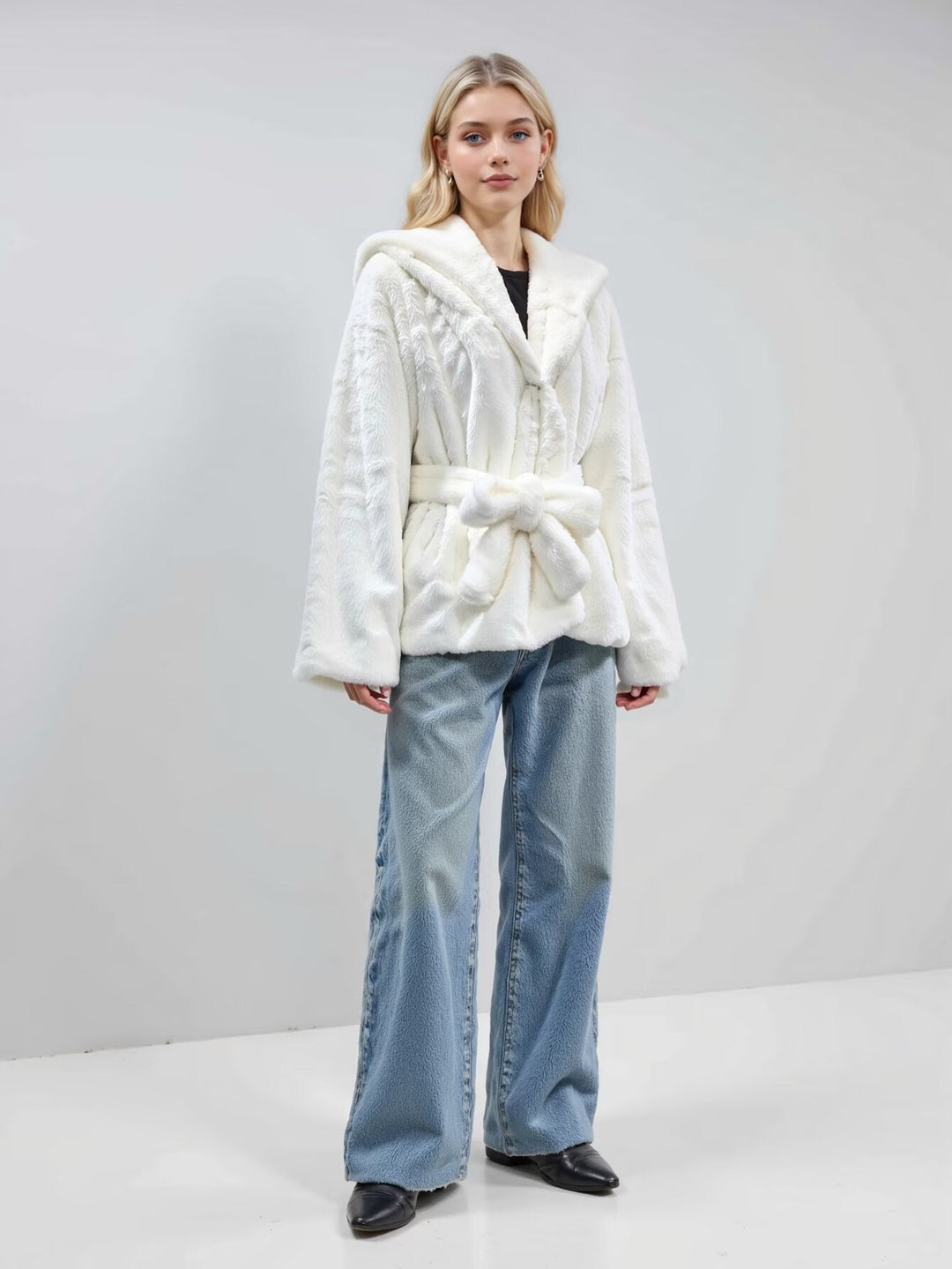 Dam Cozy Faux Fur kort jacka med Shawl huva och Bow Tie midjebälte