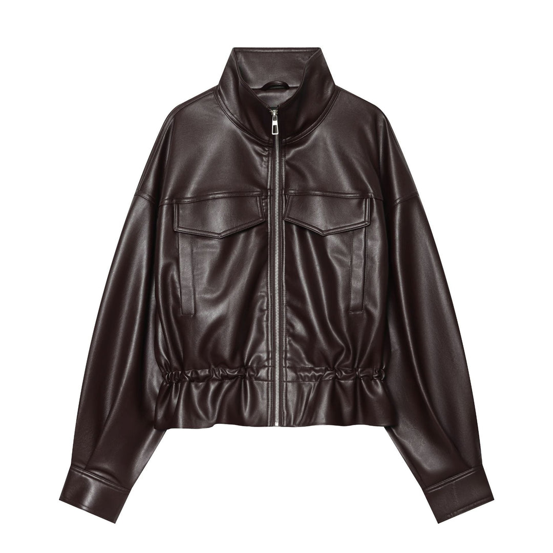 Dam kort konstläder Blouson med dragsko, Patch Flap fickor och hög ståkrage