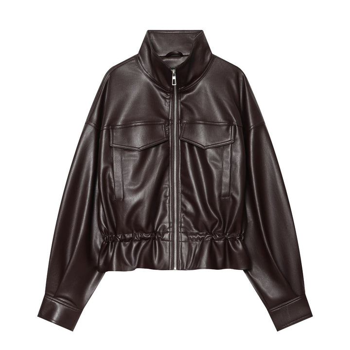 Dam kort konstläder Blouson med dragsko, Patch Flap fickor och hög ståkrage