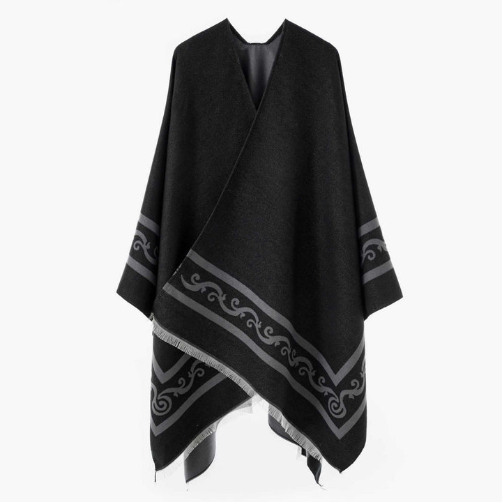 Dam Oversize Cape med Geometric Jacquard och fransfåll