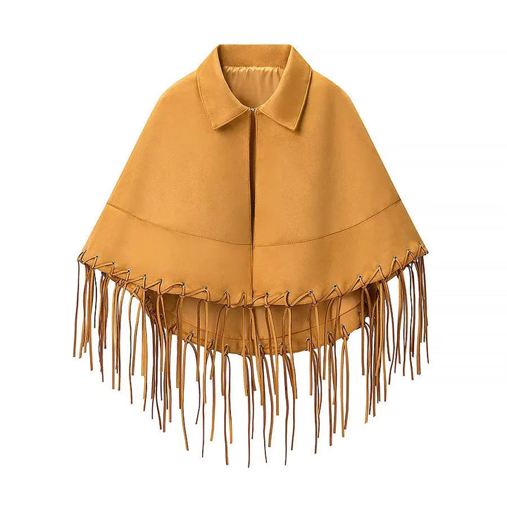 Dam Velvet look Cape med skjortkrage, Decorative Stitch och lång Fringe