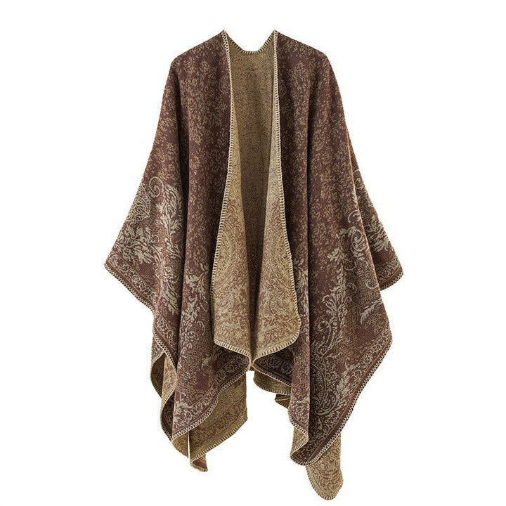 Dam Ornamental Jacquard capeponcho med Open Fall och Decorative Overlock Stitch