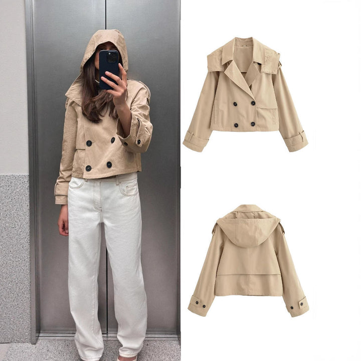 Dam Kort Jacka i Trenchcoat Stil med Dubbel-Breasted Knapplist och Adjustable Muddar