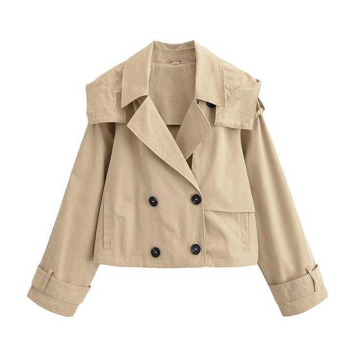 Dam Kort Jacka i Trenchcoat Stil med Dubbel-Breasted Knapplist och Adjustable Muddar
