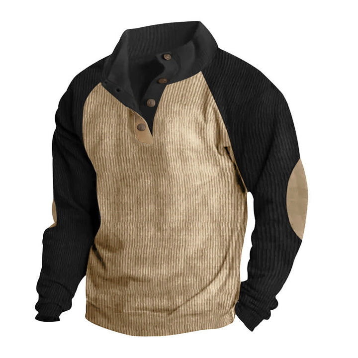 Herr Strukturerad Raglan Henley Pullover med Ståkrage, Elbow Lappar &amp; Knapplist