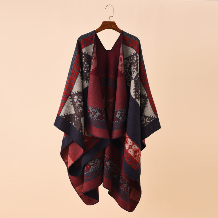 Dam Jacquard poncho Cape med Ethno mönster och ullblandning