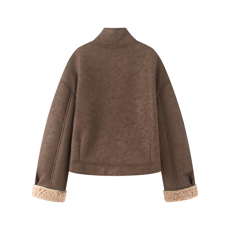 Dam kort lambskin look jacka med high ståkrage och buttoned front