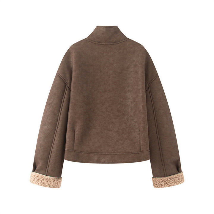 Dam kort lambskin look jacka med high ståkrage och buttoned front