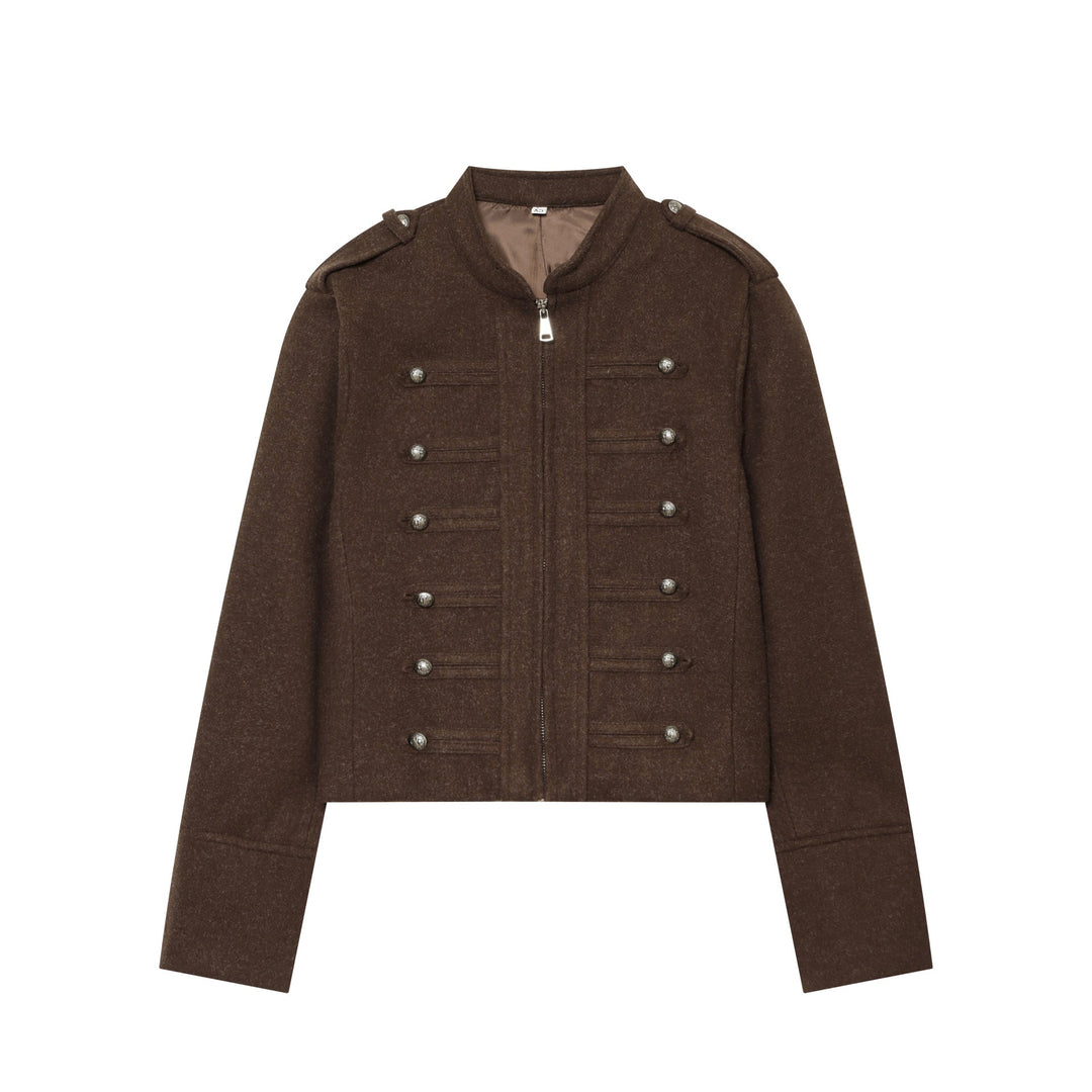 Dam military-inspired ulljacka med ståkrage dragkedja och decorative knäppning