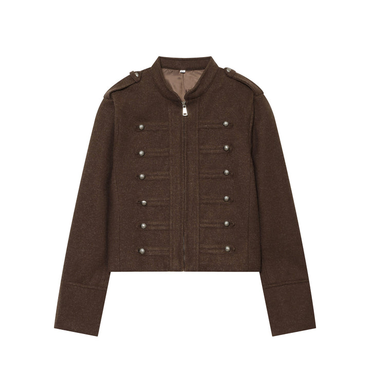 Dam military-inspired ulljacka med ståkrage dragkedja och decorative knäppning