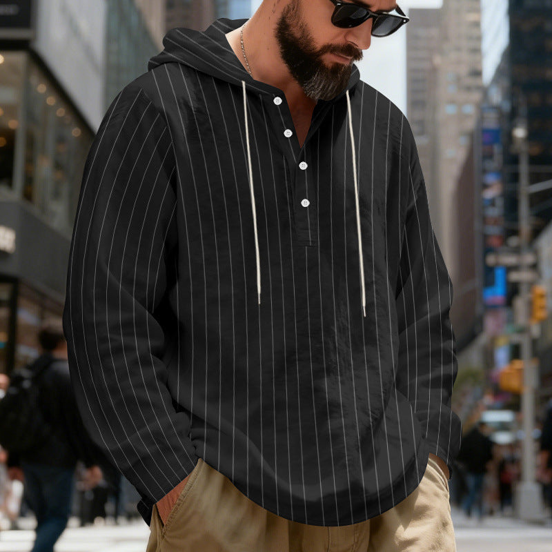 Herr Lätt Luvtröja Henley Skjorta med Fin Pinstripes