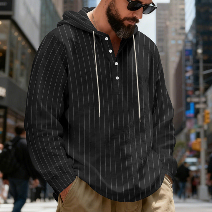 Herr Lätt Luvtröja Henley Skjorta med Fin Pinstripes