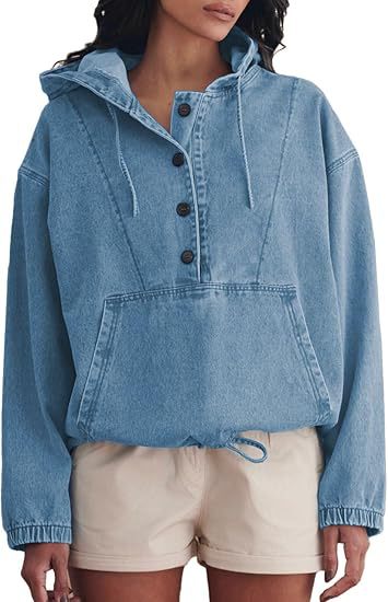 Dam jeans Half jacka med huva, Kangaroo ficka och dragsko