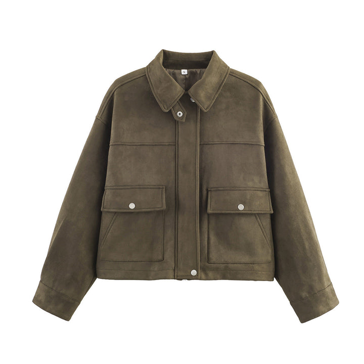 Dam kort skärning mocka look Utility jacka med Flap fickor