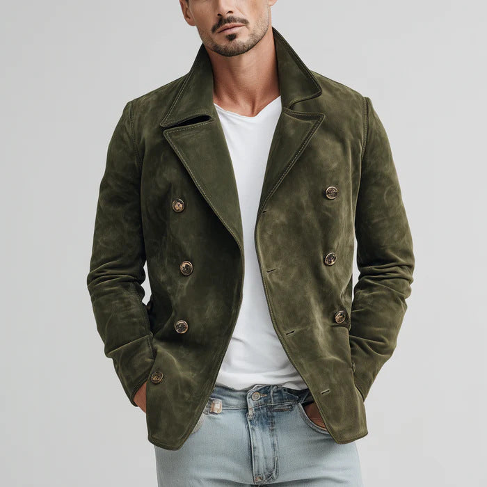 Herr Double-Breasted Suede Jacka i Short Rock Blouson med Prominent Lapels