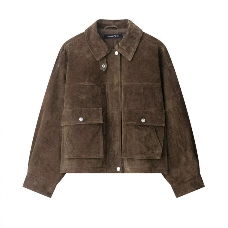 Dam 100+ Kort Velour Läder Blouson Jacka med Lock Fickor och Tryckknapp Knapp Stängning