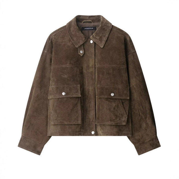 Dam 100+ Kort Velour Läder Blouson Jacka med Lock Fickor och Tryckknapp Knapp Stängning