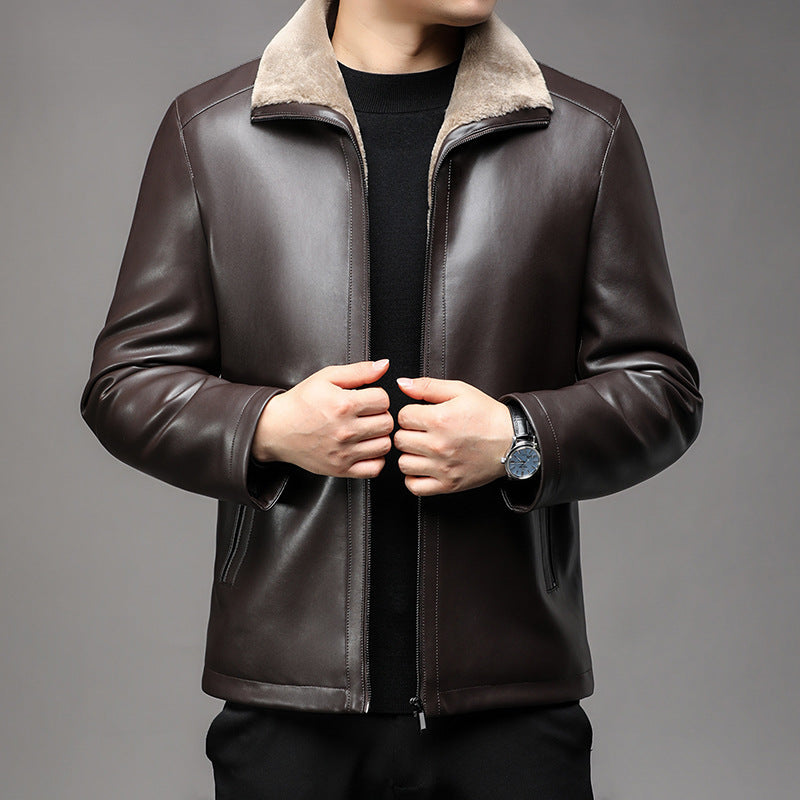 Herr Läder Jacka med Varm Lambskin Foder och Ståkrage