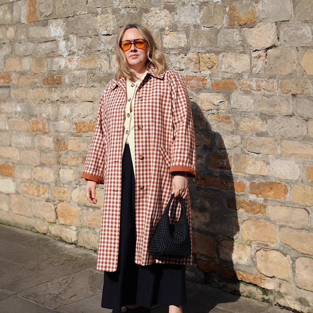 Dam rutig trenchcoat Mid-Length med knappslå och kontrast-Lined muddar