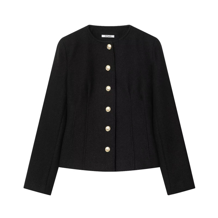 Dam Kort Bouclé Blazer Jacka med Round Neckline och Guld Knappar